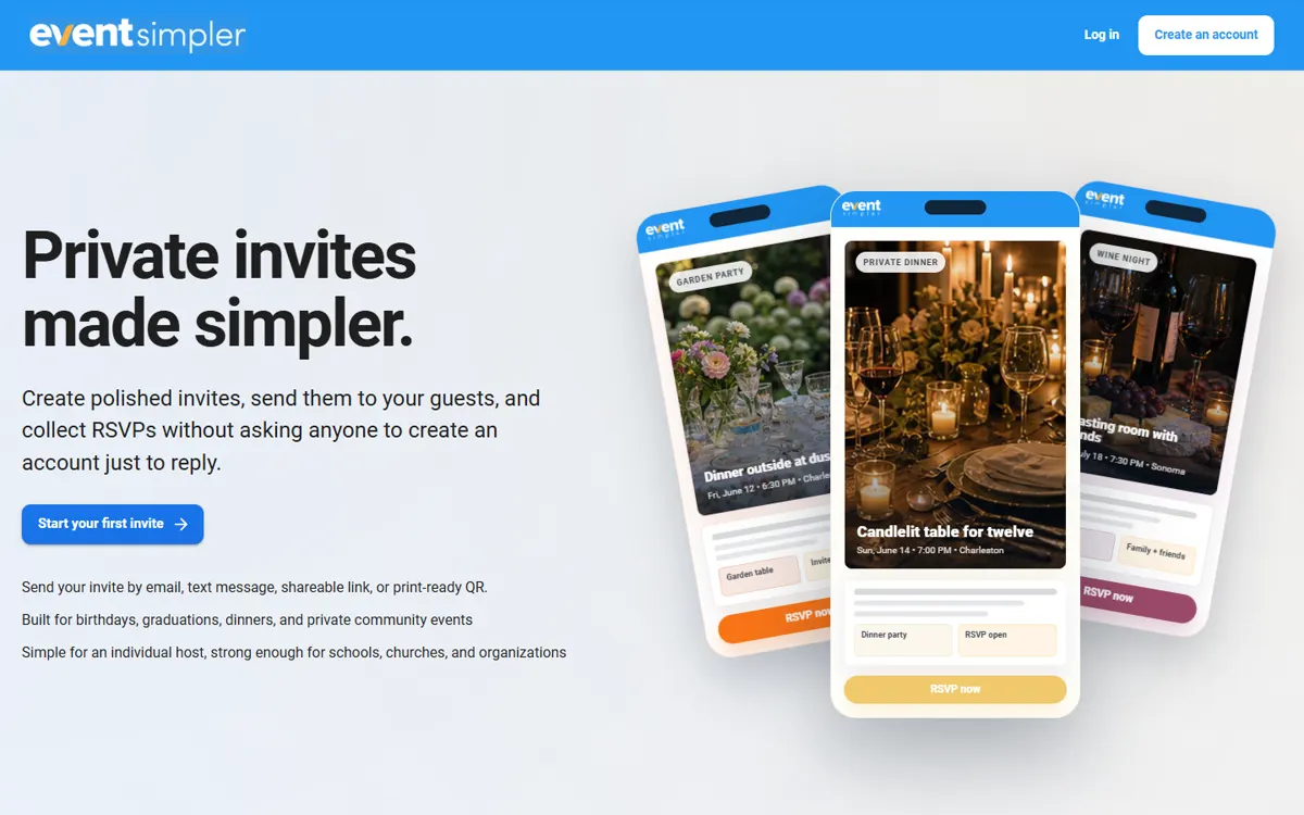 EventSimpler invitation and RSVP product