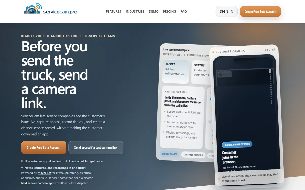 ServiceCam Pro landing page and field-service workflow