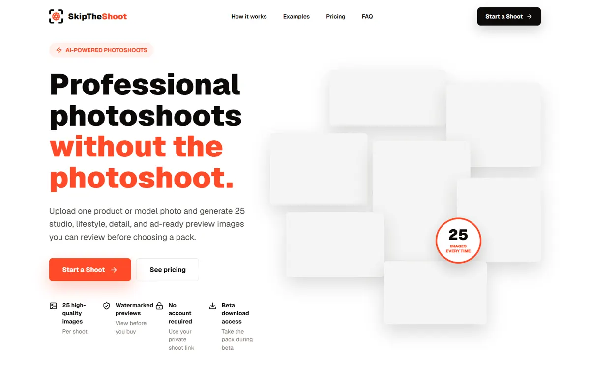 SkipTheShoot AI photoshoot product interface